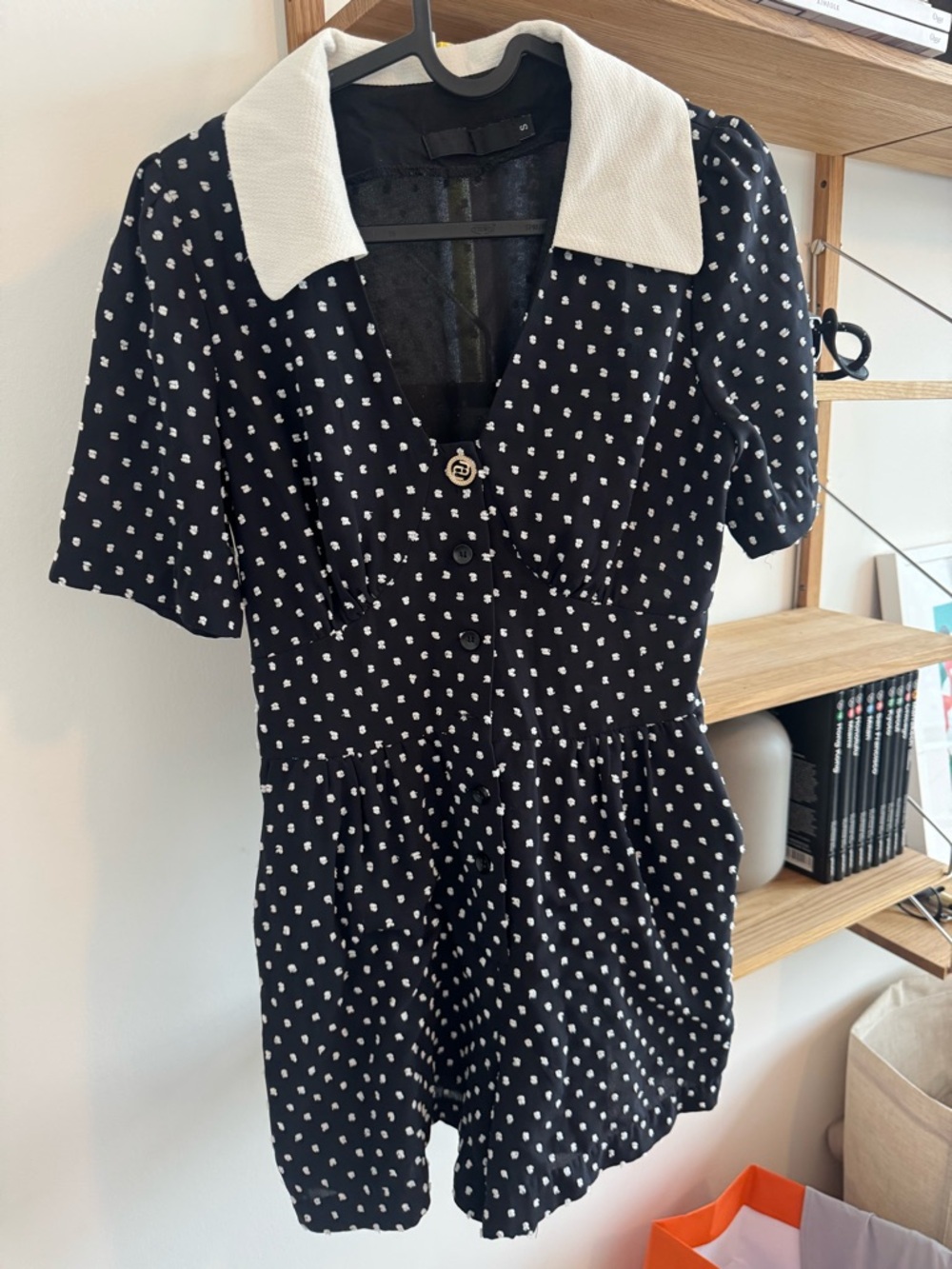 Black Polka Dot Short Sleeve Dress with White Collar